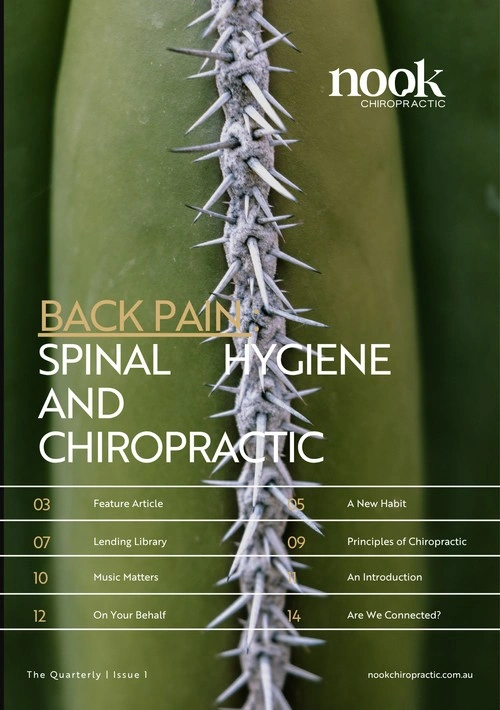 Nook Chiropractic magazine cover featuring a close-up of a thorny cactus symbolizing spinal health and chiropractic care for back pain relief.
