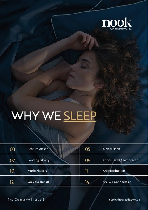 Nook Chiropractic magazine cover featuring a woman sleeping soundly, promoting the importance of sleep for overall health and well-being, a focus area for chiropractic care.