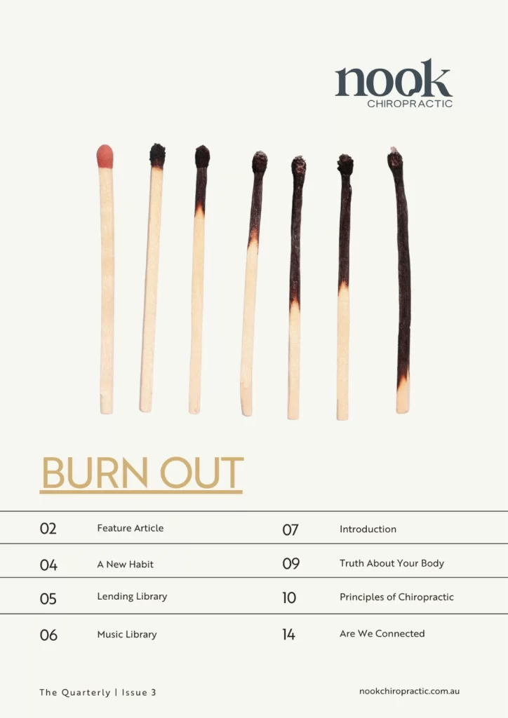 Nook Chiropractic's guide to preventing burnout, featuring matches burning down to illustrate energy depletion, highlighting the importance of chiropractic care for stress management and overall well-being.