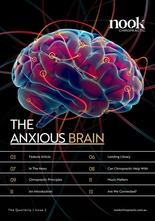 Nook Chiropractic magazine cover titled "The Anxious Brain", promoting chiropractic care for anxiety and stress relief through neurological support.
