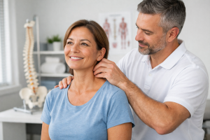 Chiropractor treating a woman’s neck during a consultation for headache and neck pain relief
