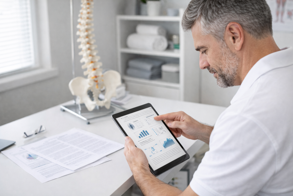 Chiropractor reviewing headache treatment research and patient assessment data on a tablet