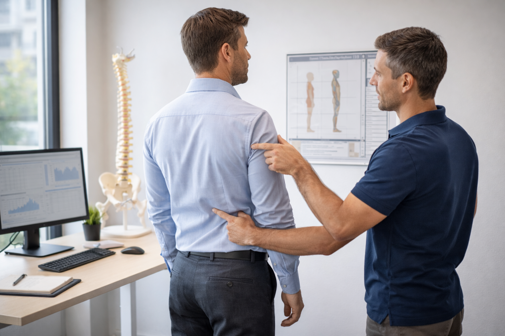 Chiropractor assessing a male office worker’s back posture in a clinic using spinal alignment guidance