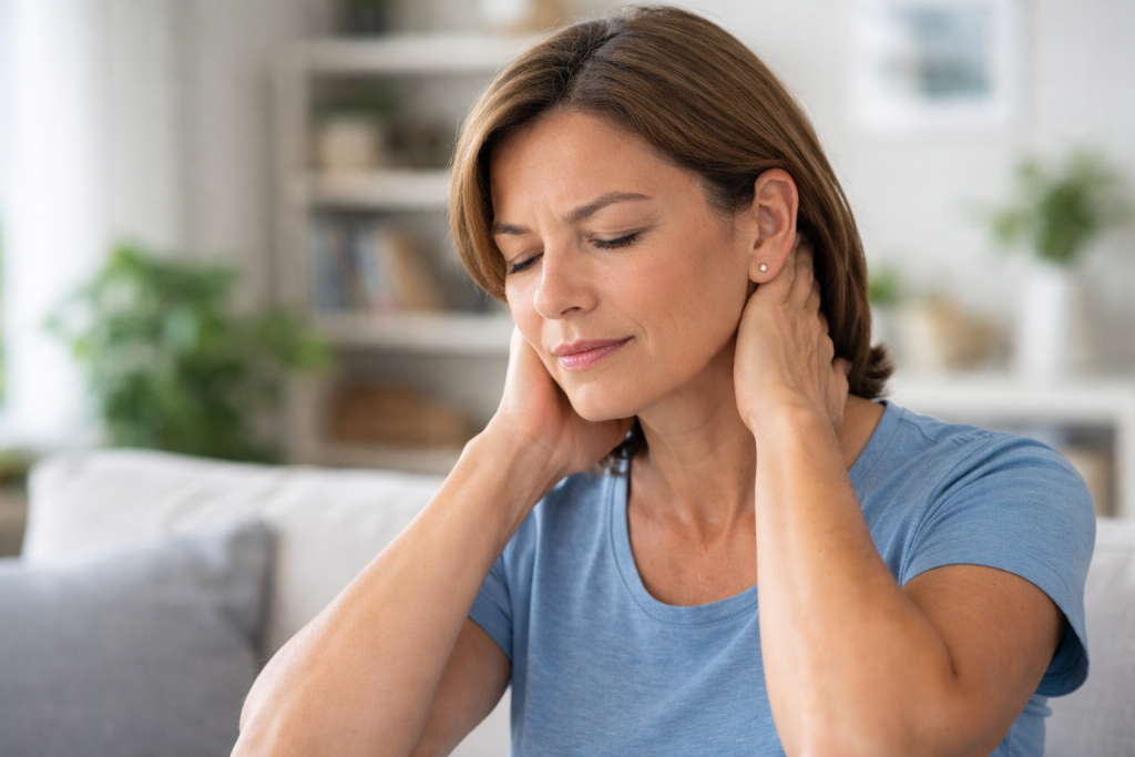 Woman holding her neck as tension and neck pain contribute to headache symptoms