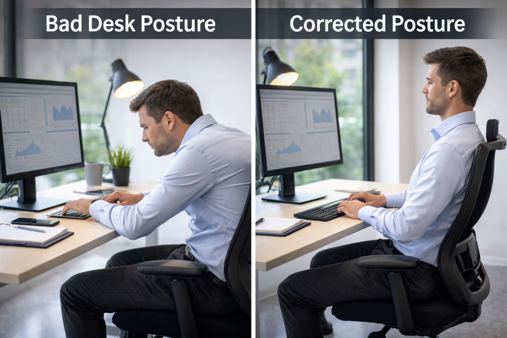 Side by side comparison of bad desk posture and corrected posture for an office worker at a computer workstation