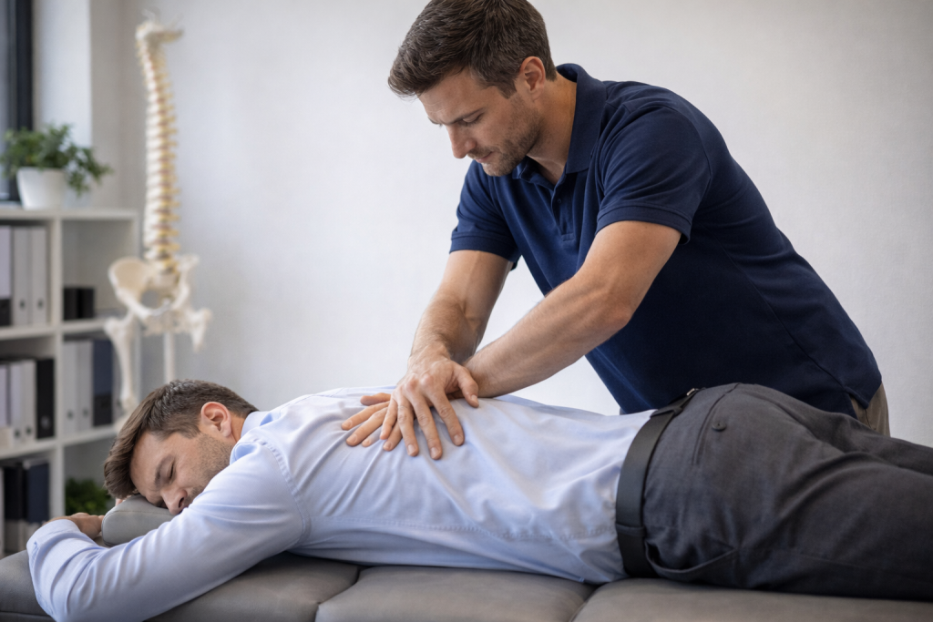 Male patient receiving a chiropractic back adjustment while lying face down on a treatment table
