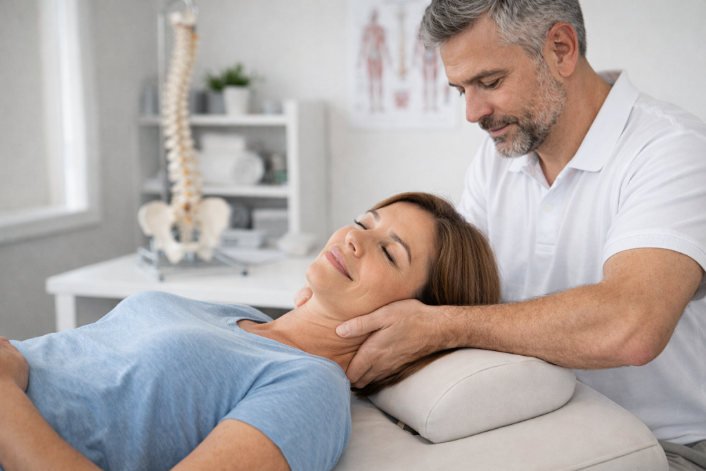 Chiropractic neck treatment for headache relief during an in-clinic appointment