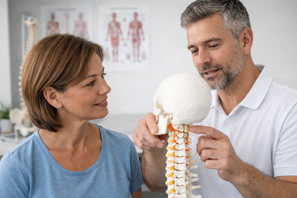 Chiropractor explaining the cervical spine and headache causes using a neck model