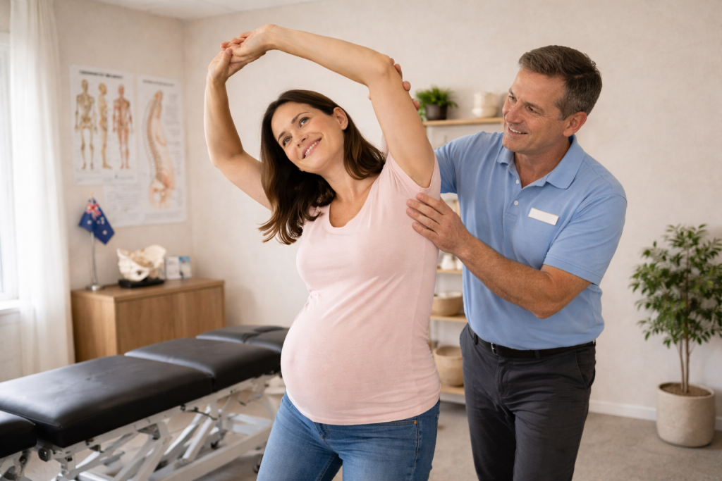 Pregnant woman doing a guided stretch with help from a chiropractor during a prenatal care session in an Australian clinic