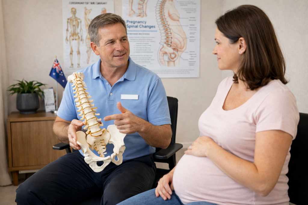 Chiropractor explaining spine and pelvic alignment to a pregnant woman during an Australian prenatal consultation