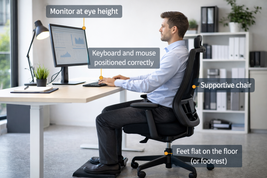 Ergonomic workstation setup showing proper sitting posture with monitor at eye level, supportive chair, and feet flat on the floor