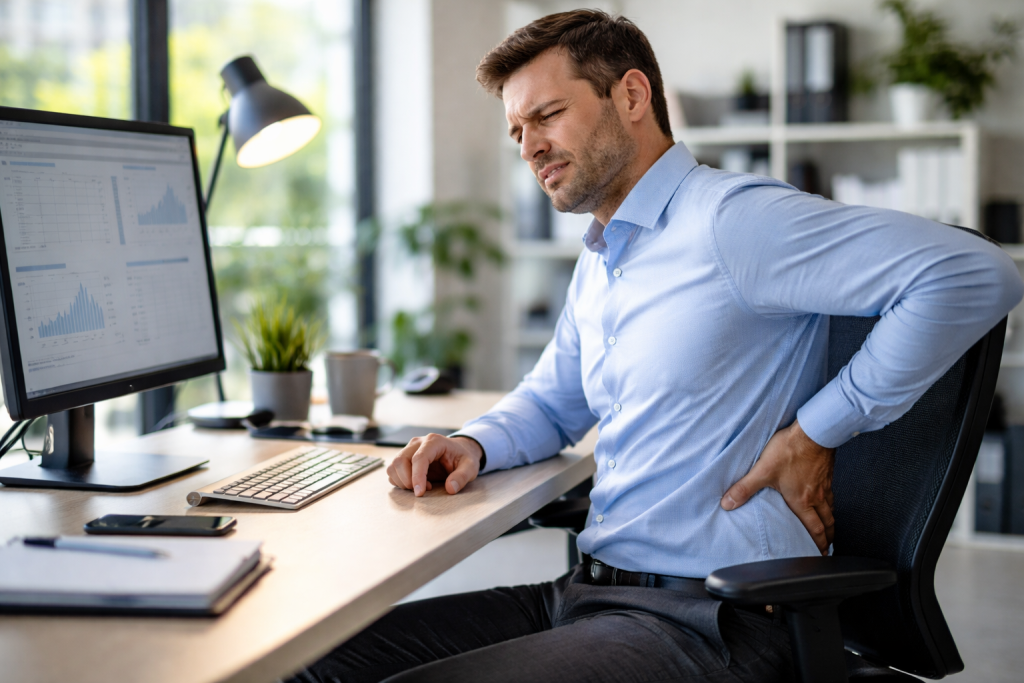 Businessman experiencing lower back pain while sitting at his office desk and looking at a computer screen