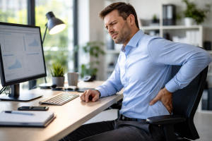 Businessman experiencing lower back pain while sitting at his office desk and looking at a computer screen