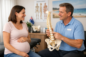 Pregnant woman consulting a chiropractor in an Australian clinic while he explains spine and pelvic alignment using a spine model