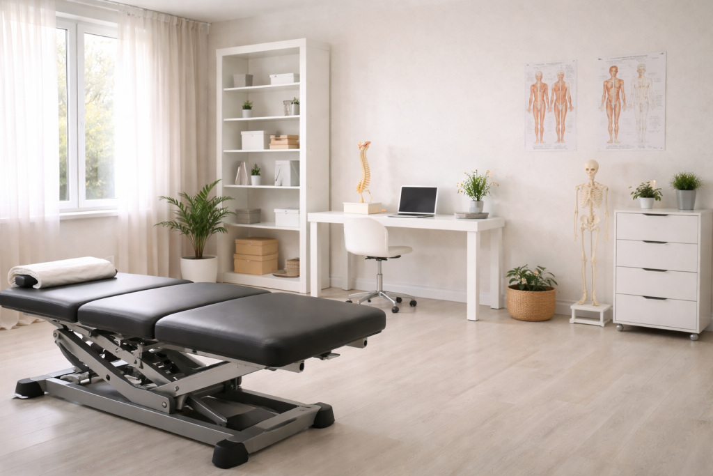 Bright chiropractic treatment room with adjustment table, desk, skeleton model, and anatomy charts