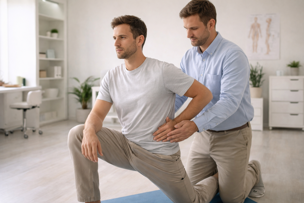 Chiropractor guiding a male patient through a kneeling stretch during a back pain assessment