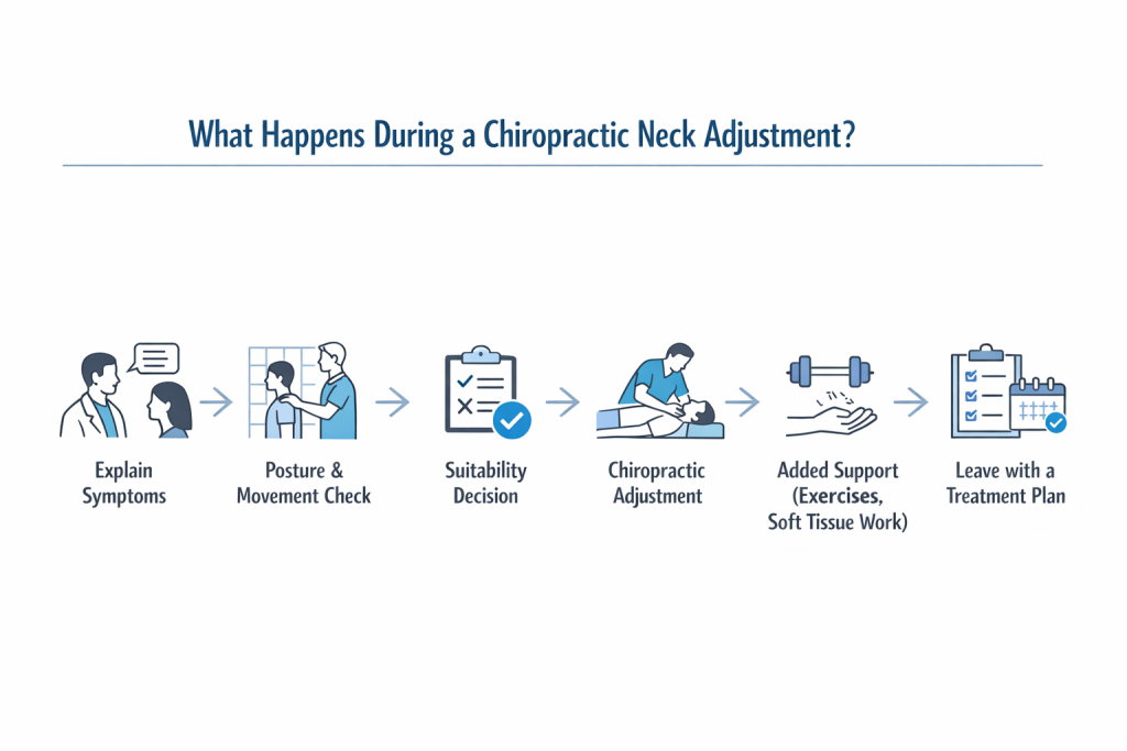 Infographic explaining the steps involved in a chiropractic neck adjustment appointment