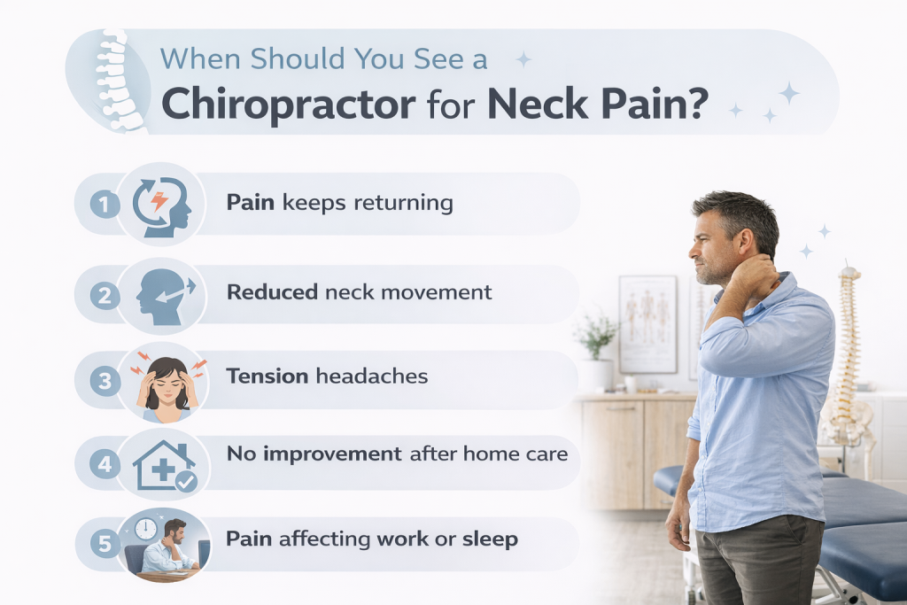 Infographic showing five signs it may be time to see a chiropractor for neck pain