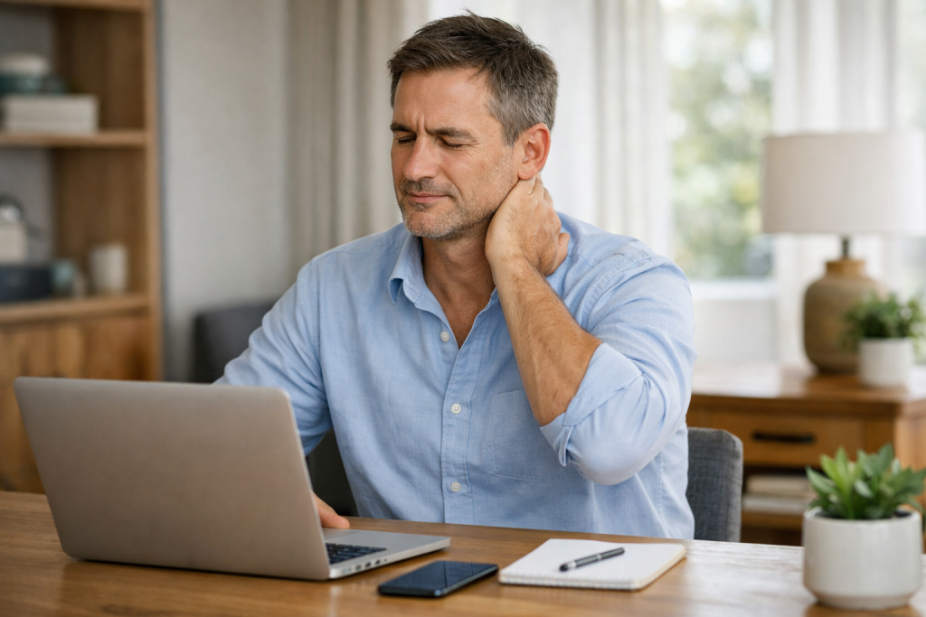 Middle-aged man touching his neck while working on a laptop at a desk at home