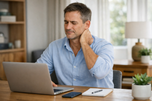 Middle-aged man touching his neck while working on a laptop at a desk at home