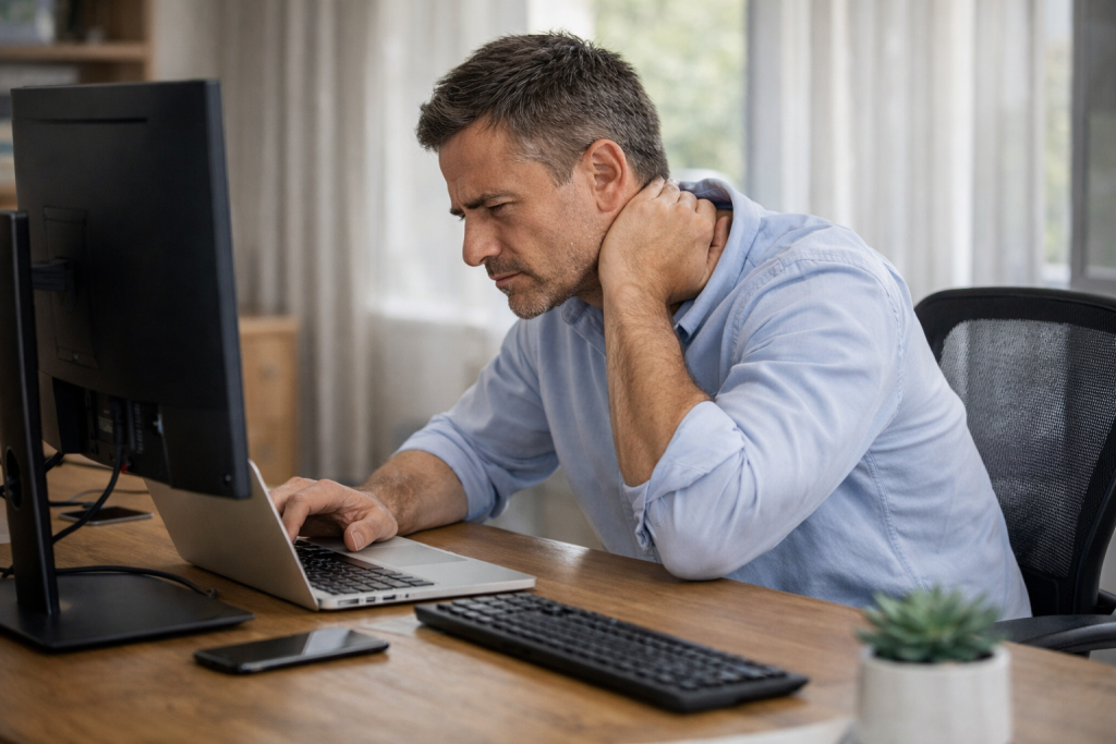 Man holding the back of his neck while leaning toward a computer screen at his desk