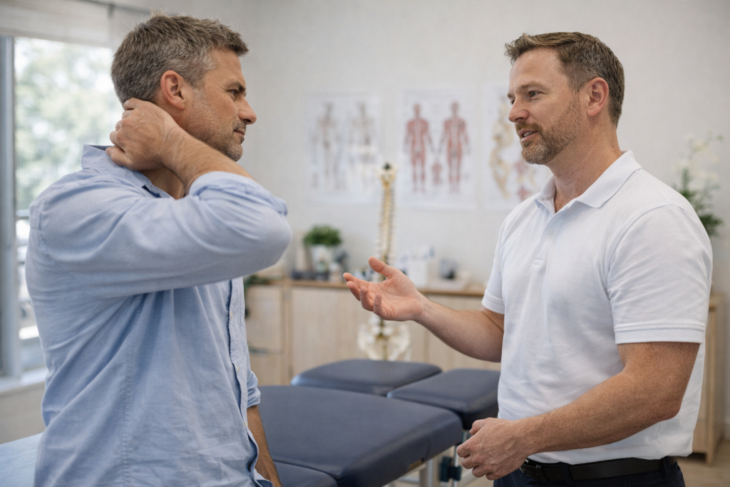 Chiropractor speaking with a patient who is holding his neck during a clinic consultation