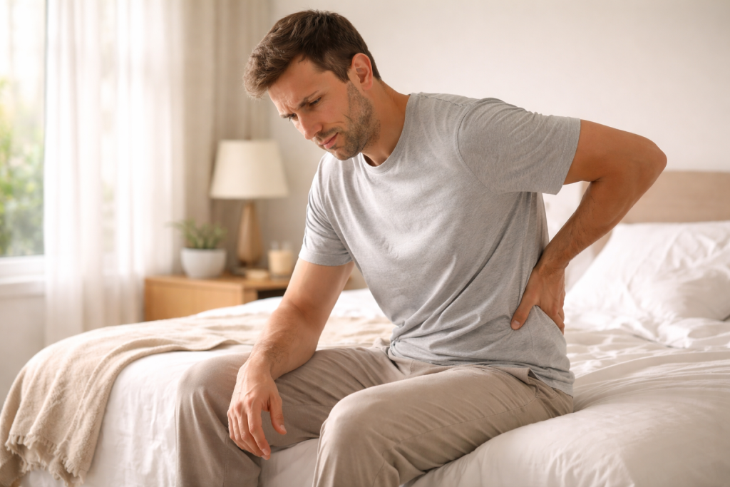 Man sitting on bed holding his lower back in pain in a bright bedroom