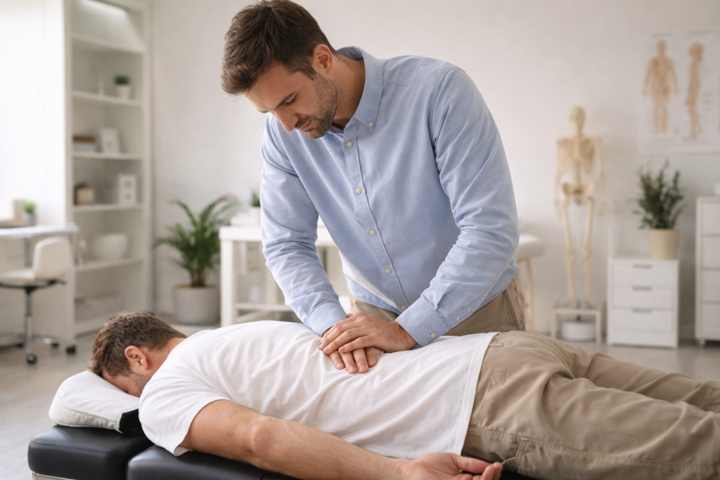 Chiropractor performing a lower back adjustment on a male patient lying face down on a treatment table