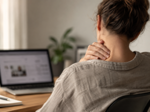 Person resting forehead in hand by a sunlit window, easing migraine tension